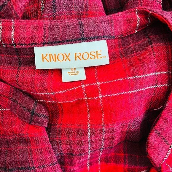 Knox Rose Long Sleeve Split Neck Plaid A Line Belted Dress in Red Plaid Size XS - Picture 8 of 8